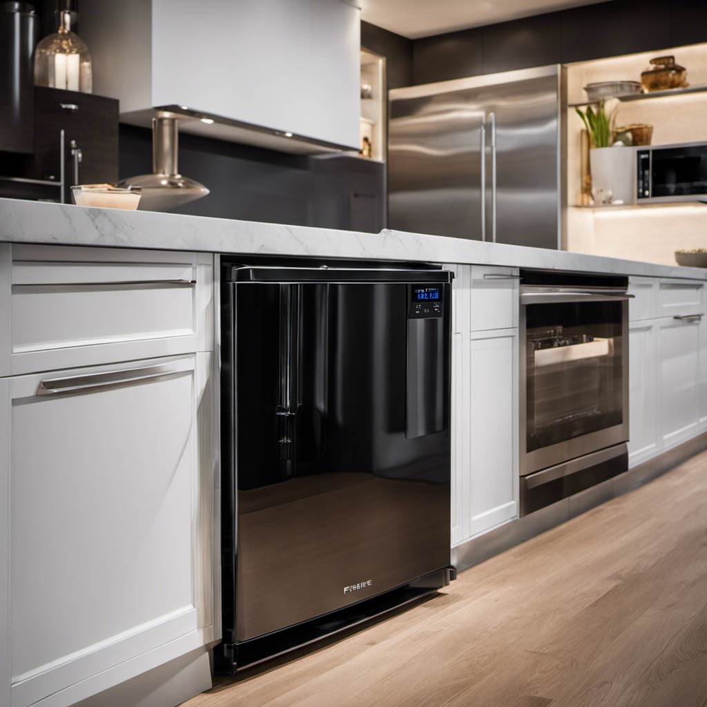 An image showcasing a sleek and modern Frigidaire Compact Ice Maker in a chic kitchen setting