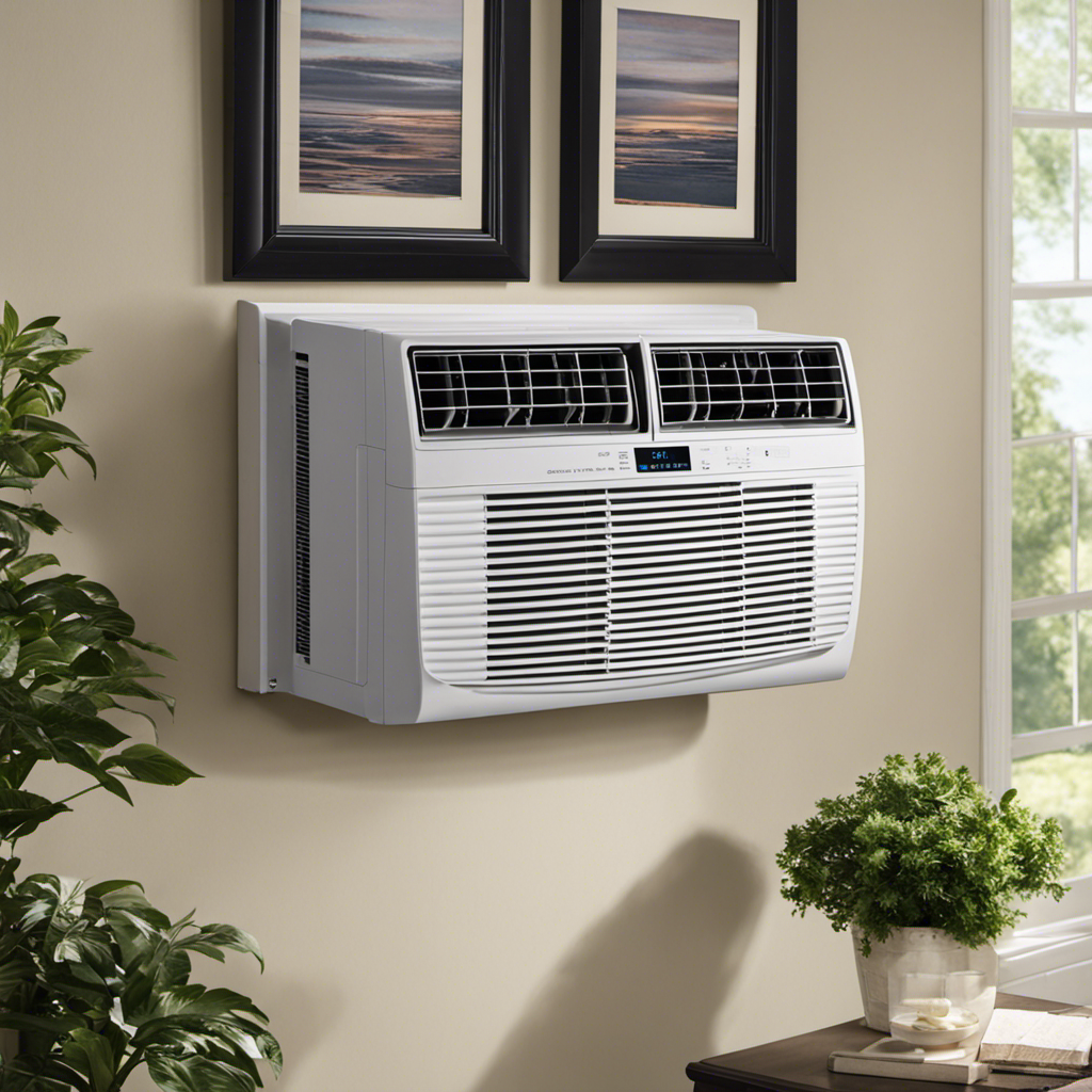 An image capturing the sleek design of the Frigidaire FFRA051WAE Window Air Conditioner, showcasing its compact size, elegant control panel, and adjustable vents, all complemented by a refreshing backdrop
