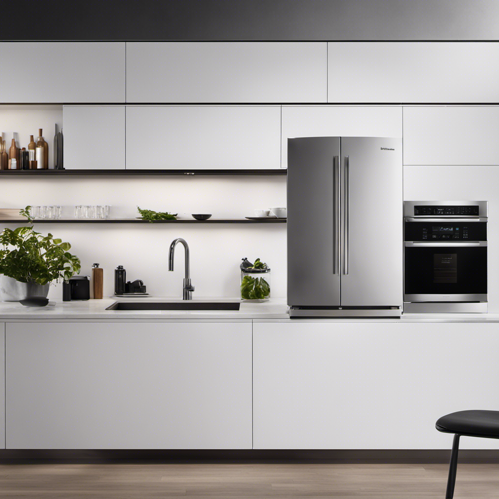 An image featuring a sleek white Frigidaire PAULTRA2 Pure Air Ultra II refrigerator filter, emphasizing its compact design and innovative technology, while showcasing its ability to purify the air and maintain freshness in a modern kitchen setting