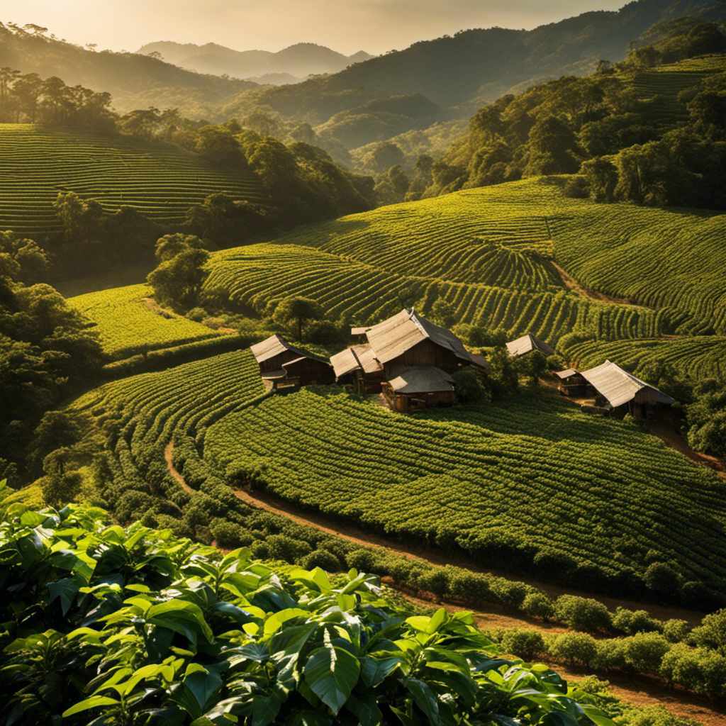 An image capturing the intricate journey of coffee production: a lush coffee farm drenched in sunlight, workers carefully harvesting ripe cherries, followed by the meticulous bean processing and roasting stages, culminating in a steaming cup of aromatic coffee