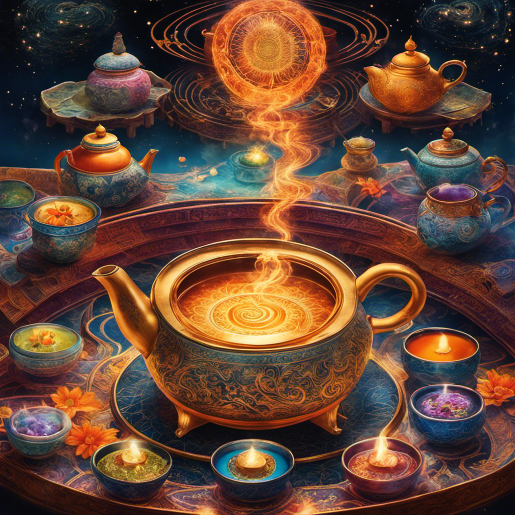 An image showcasing a serene and ethereal tea ceremony, where vibrant rays of cosmic energy flow through a teapot, intertwining with the chakras of participants, and expanding into the boundless cosmos