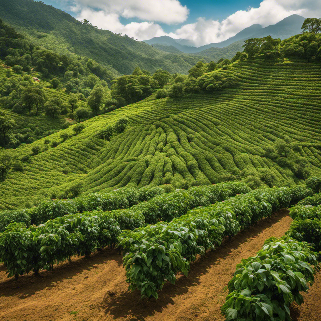 An image of a lush green coffee plantation, with rows of meticulously cultivated coffee plants stretching into the distance
