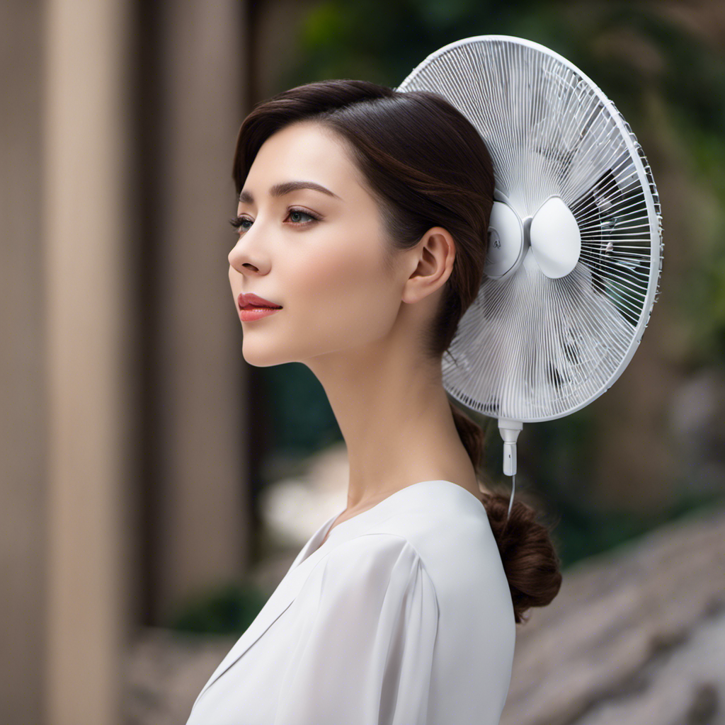 An image showcasing a woman wearing the FrSara Neck Fan, with cool breeze gently caressing her face