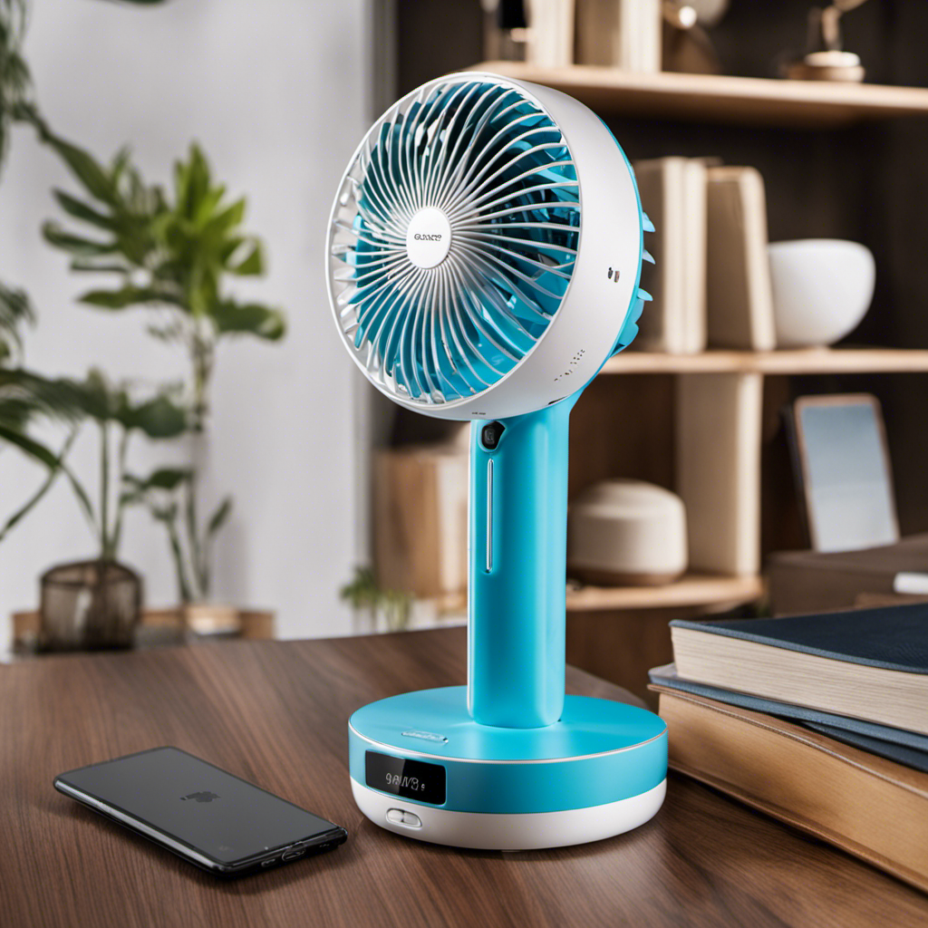 An image showcasing a close-up view of the sleek Gaiatop Mini Portable Fan in action, capturing its compact design and powerful airflow