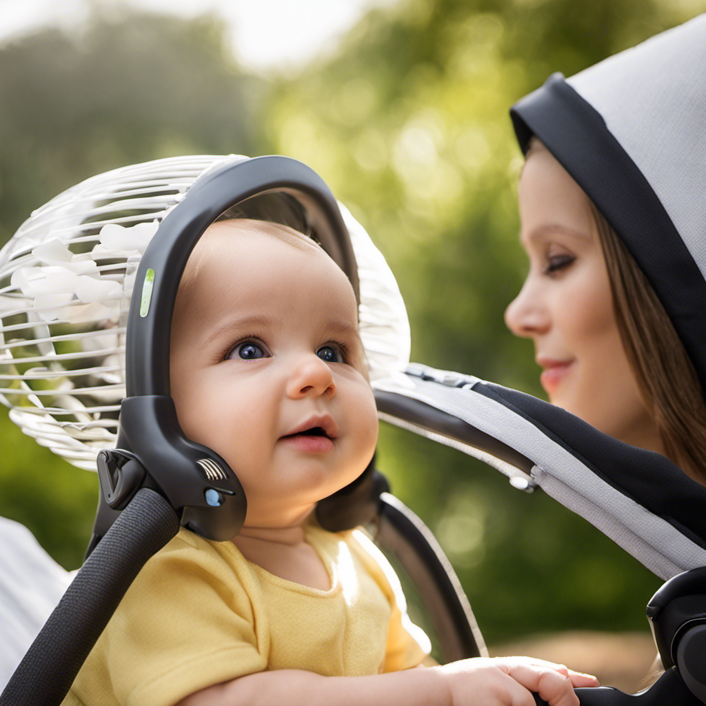 An image showcasing a close-up of a Gaiatop Portable Clip on Fan attached to a stroller, with a soft breeze gently blowing through a baby's hair, capturing the convenience and comfort it offers