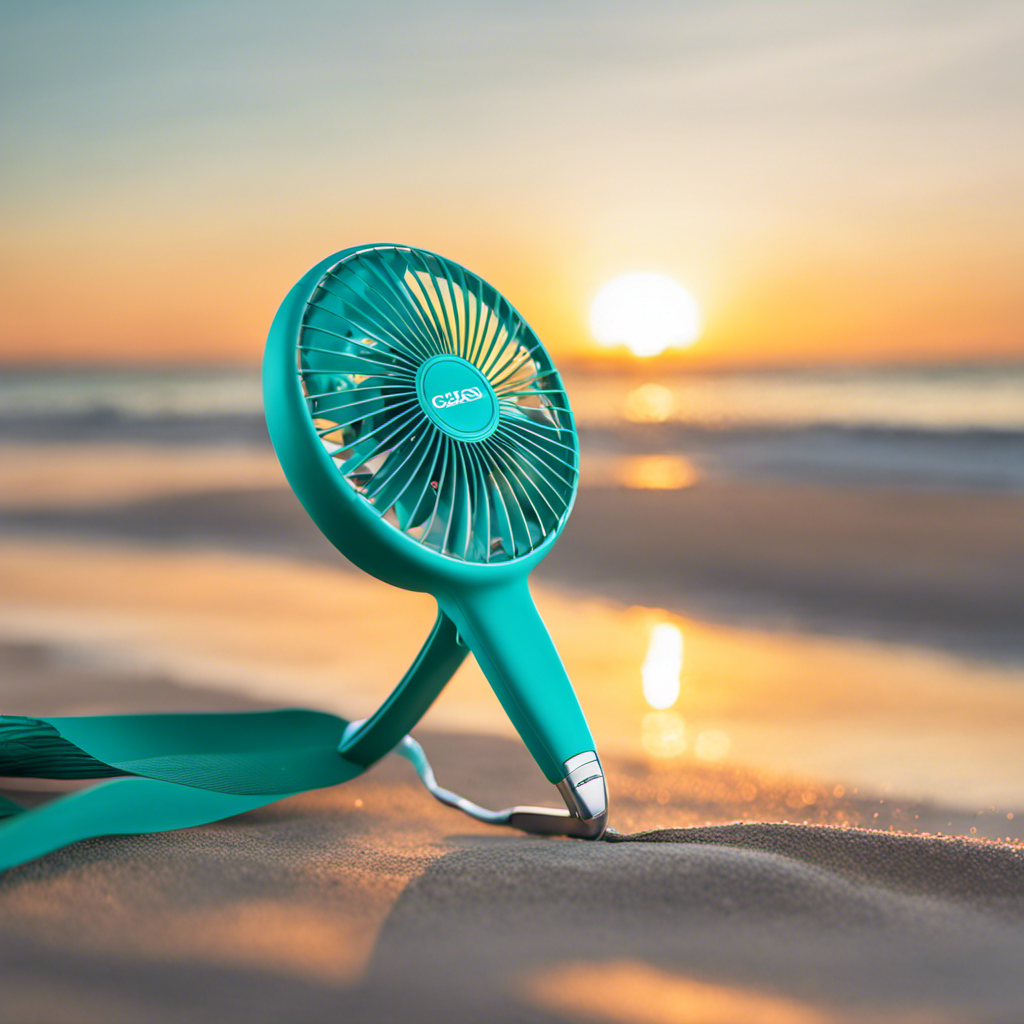 An image showcasing a close-up view of the sleek Gaiatop Portable Handheld Fan in vibrant teal color, with its soft rubber blades spinning gracefully, providing a refreshing breeze against a backdrop of a sun-kissed beach