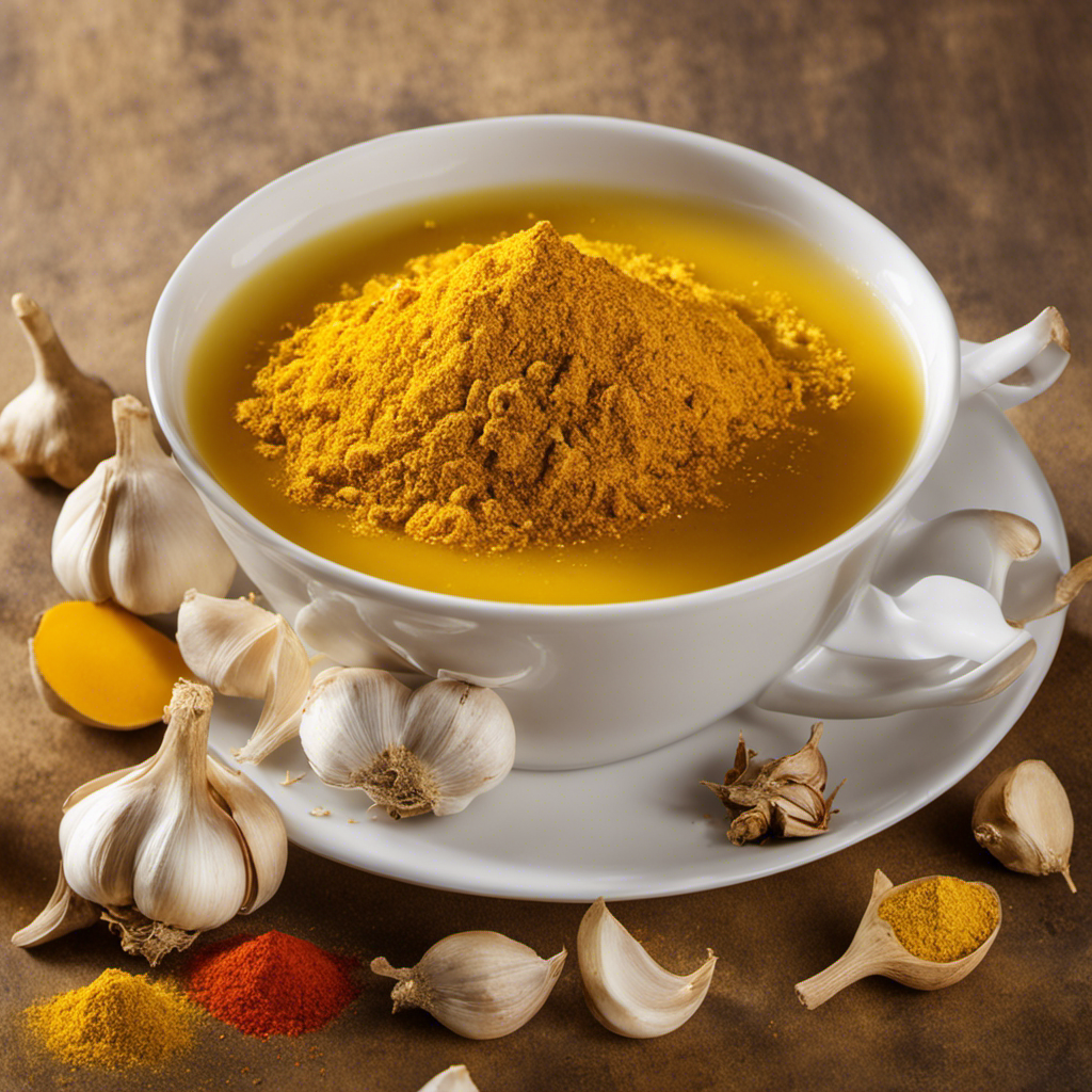 An image that captures the vibrant fusion of crushed garlic, sliced ginger, powdered turmeric, and fiery cayenne pepper, blending harmoniously in a steaming cup of golden tea