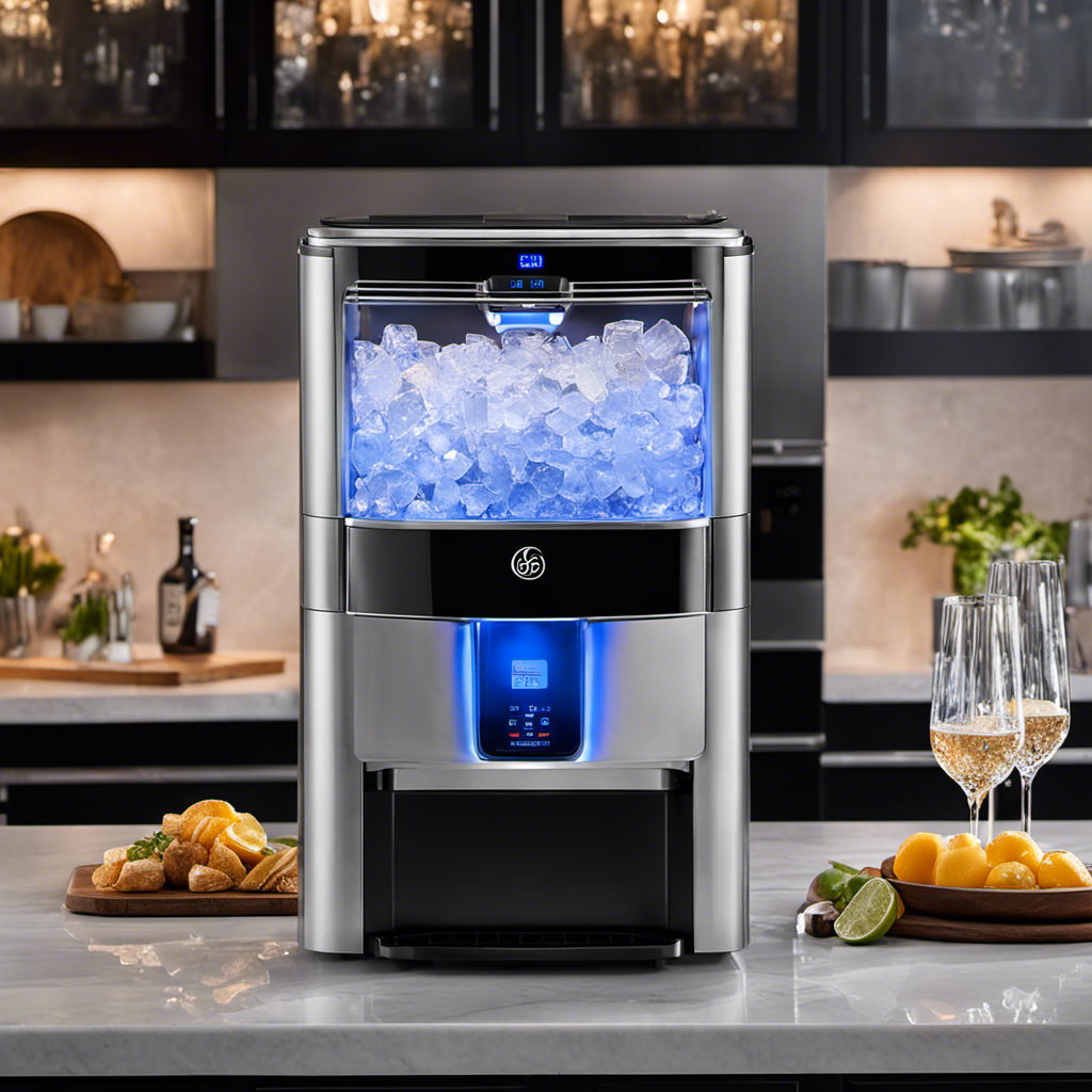 An image showcasing the sleek and modern GE Profile Opal Nugget Ice Maker on a kitchen countertop, surrounded by crystal-clear, chewable nugget ice, glistening under the soft glow of ambient lighting