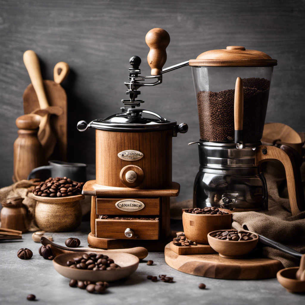 An image showcasing a serene kitchen scene with a rustic wooden coffee grinder, a steaming mug of Ryze Mushroom Coffee, and a beautifully arranged set of 11 carefully selected brewing tools