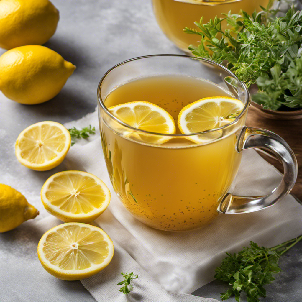 An image showcasing a vibrant, steaming cup of Getoffyouracid Turmeric Ginger Lemon Detox Tea