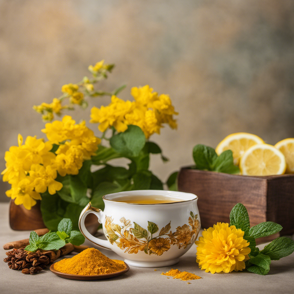 An image showcasing a steaming mug of golden Giner Turmeric Tea, adorned with a slice of lemon and a sprig of fresh mint, surrounded by vibrant yellow flowers, conveying warmth and soothing relief for flu symptoms