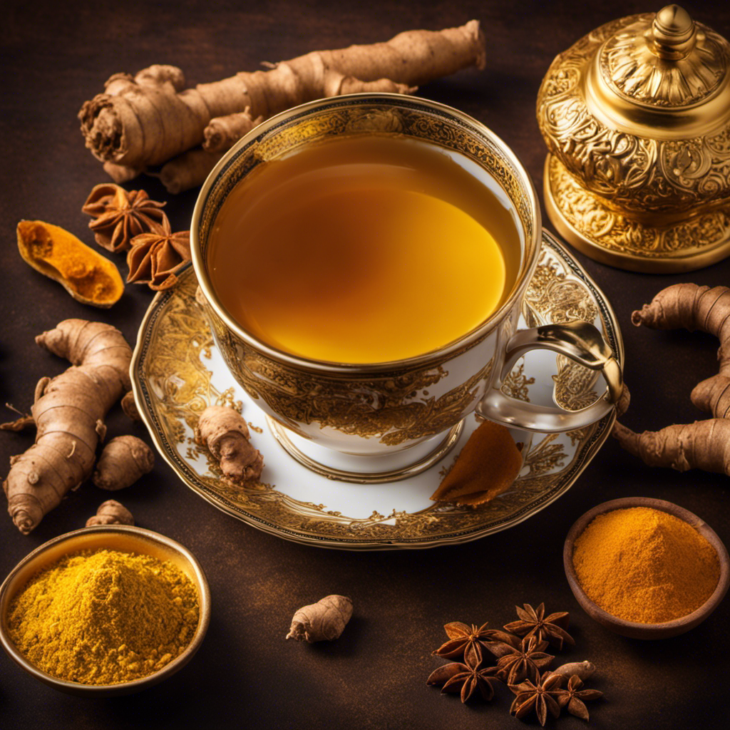 An image showcasing a steaming cup of golden ginger and turmeric tea, with vibrant spices swirling in the background