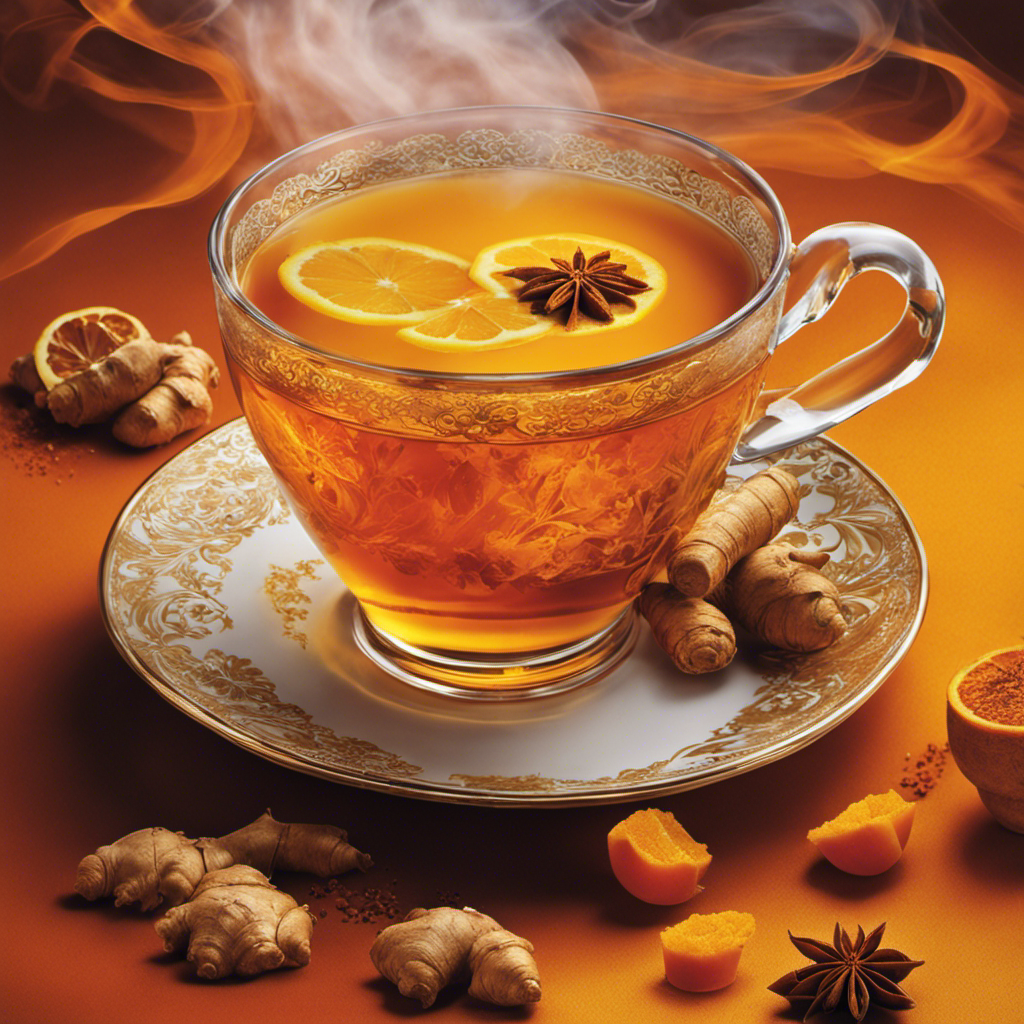 An image featuring a steaming cup of ginger and turmeric tea, radiating warm hues of gold and orange
