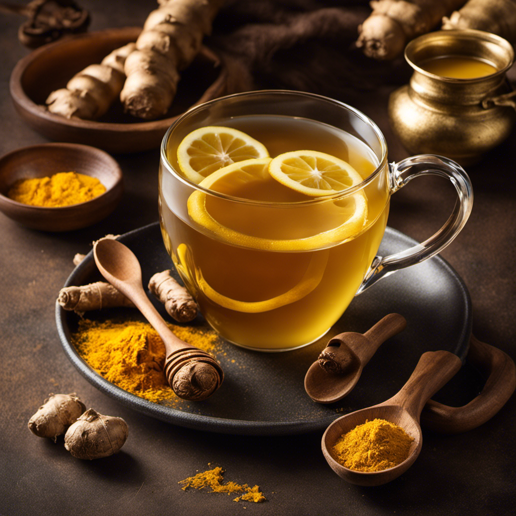 An image showcasing a steaming cup of golden ginger and turmeric tea, infused with slices of fresh ginger, vibrant turmeric roots, and a hint of lemon, surrounded by wisps of aromatic steam