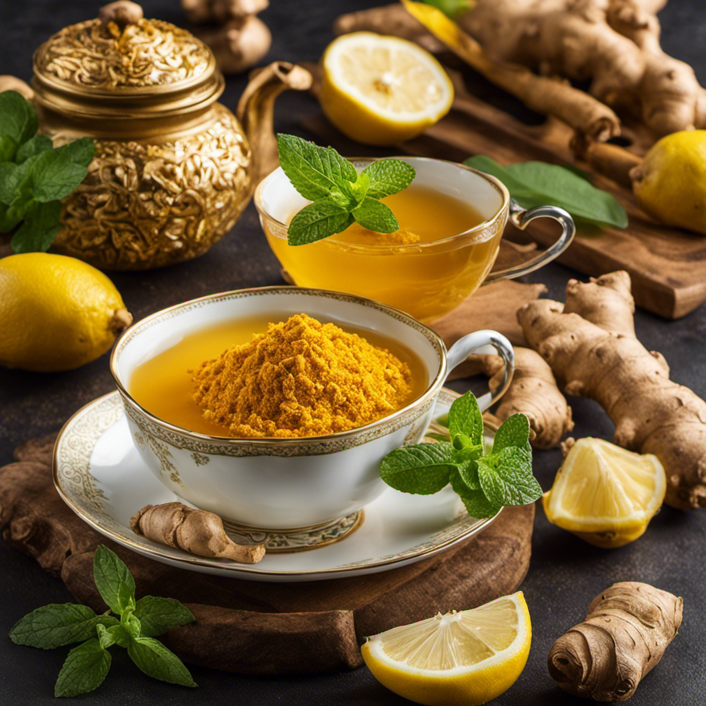 An image capturing the soothing essence of ginger and turmeric tea: a steamy cup of golden liquid, gently swirling with grated ginger and vibrant turmeric, surrounded by fresh lemon wedges and a sprig of fragrant mint