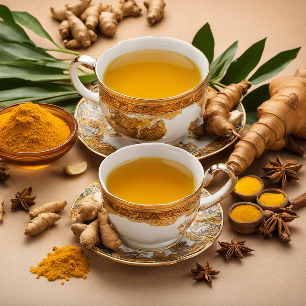 An image depicting a warm cup of ginger and turmeric tea, steaming gently as golden spices swirl delicately in the soothing amber liquid