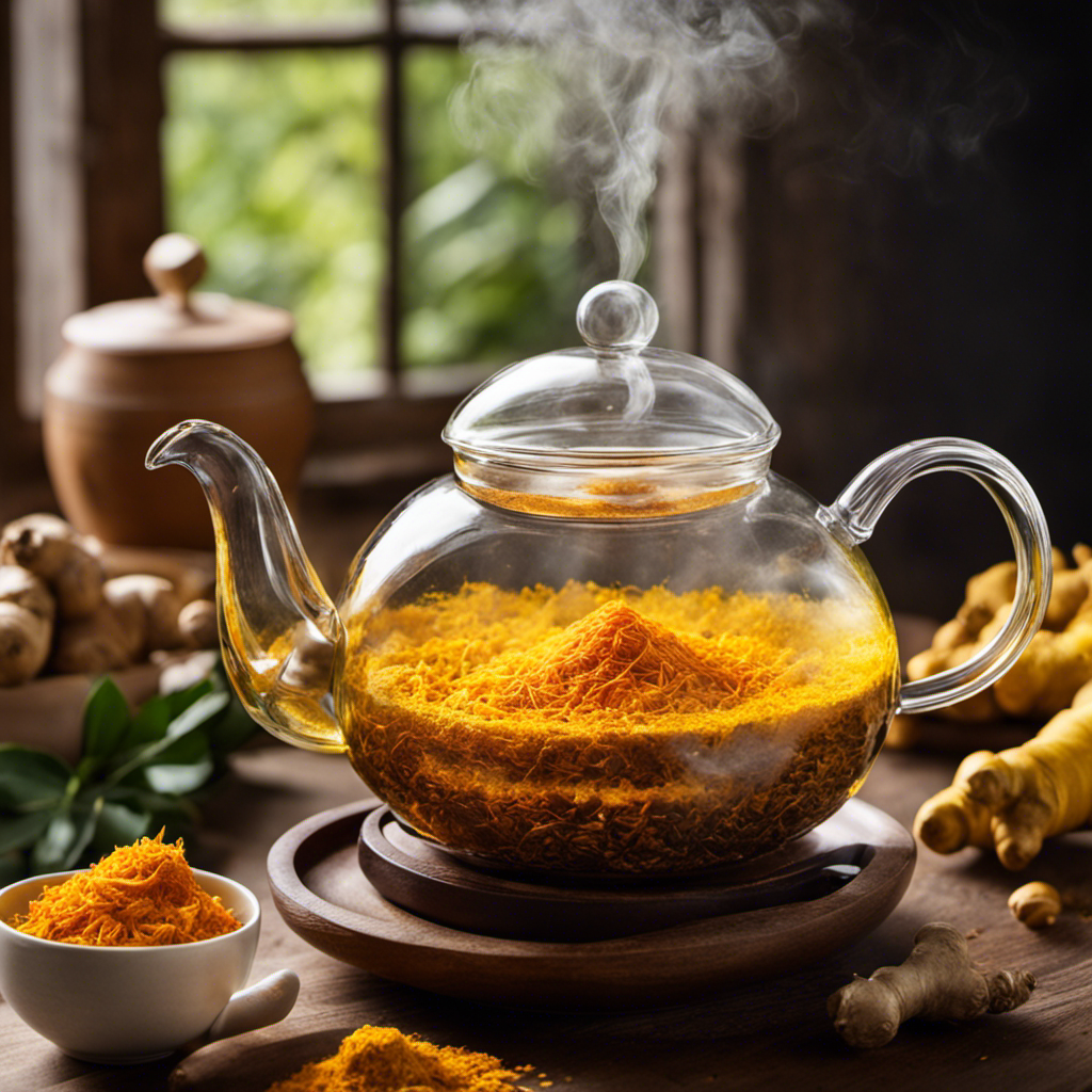 An image capturing the vibrant colors of freshly grated ginger and turmeric, steeping in a clear teapot