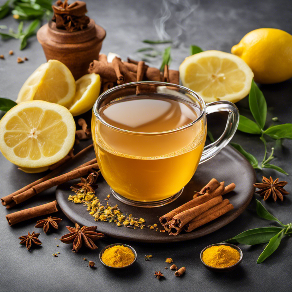 An image of a steaming cup of ginger cinnamon and turmeric tea, garnished with a fresh slice of lemon, surrounded by vibrant spices, emanating a warm and inviting aroma