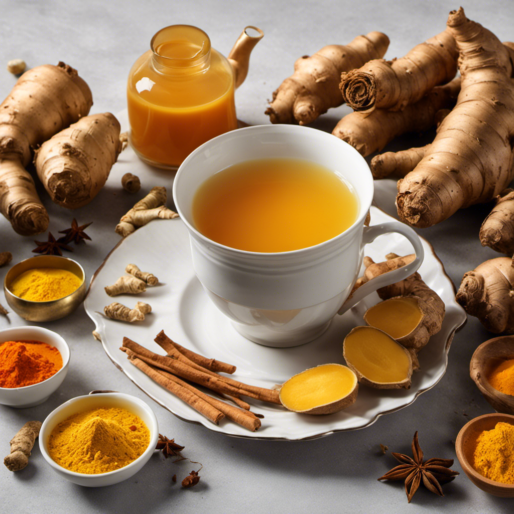 An image showcasing a steaming cup of golden ginger galangal and turmeric tea, radiating vibrant hues of orange and yellow