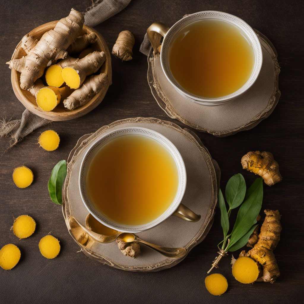 An image showcasing a steaming cup of ginger healing detox tea with turmeric, emitting a warm golden hue