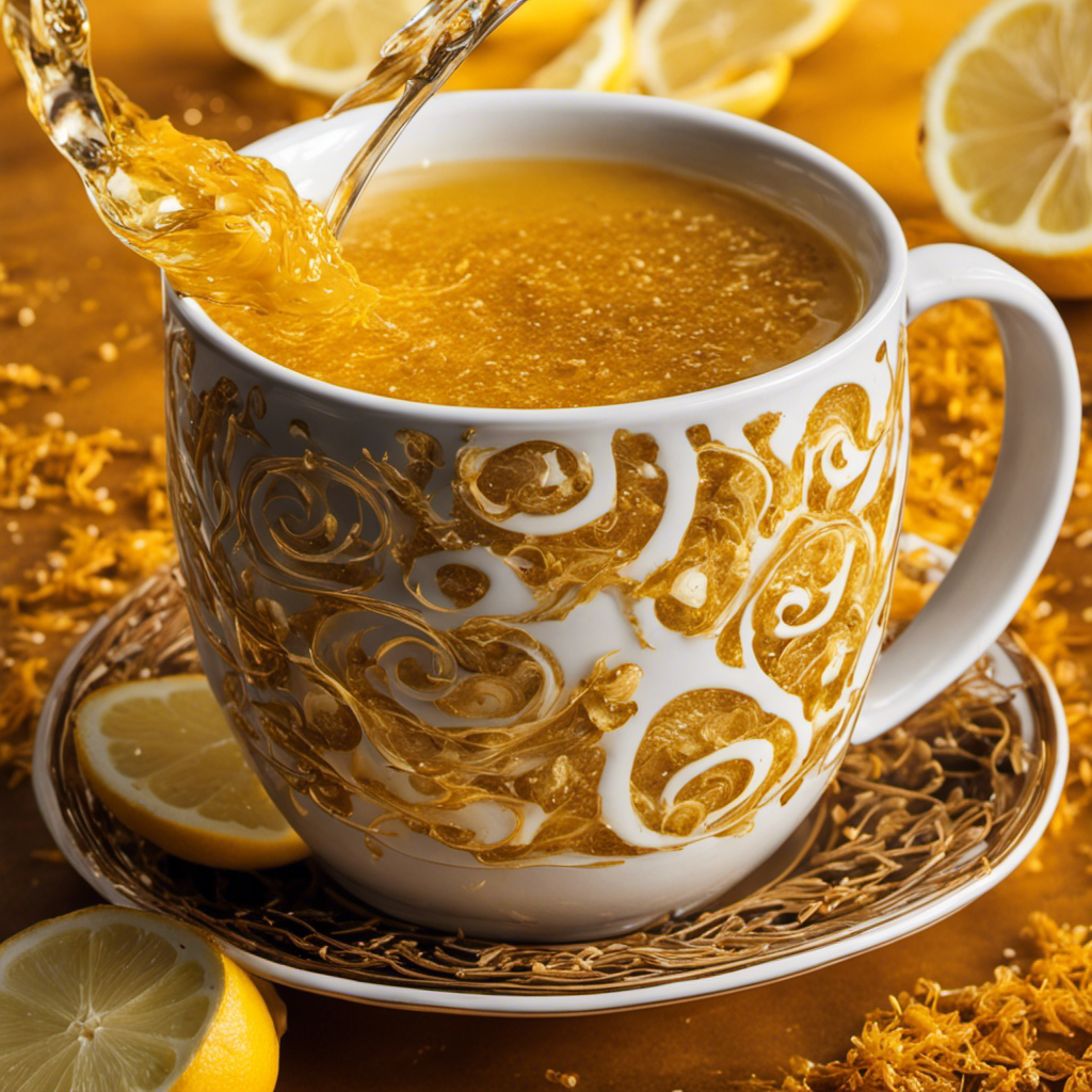 -up image of a steaming mug with a vibrant golden liquid, showcasing the swirling patterns of grated ginger, sliced lemon, ground turmeric, and a drizzle of honey, emitting a soothing aroma