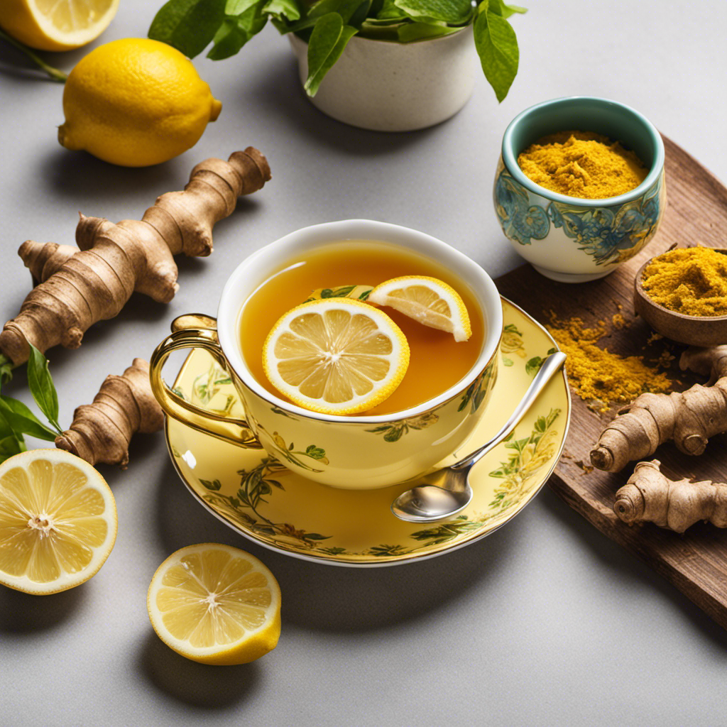 An image showcasing a vibrant teacup filled with steaming ginger, lemon, and turmeric tea, surrounded by freshly grated ginger, sliced lemons, and a cookbook by Jamie Oliver