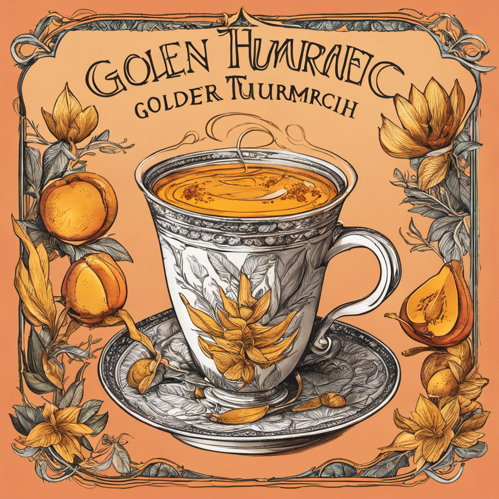 An image showcasing a steaming cup of golden-hued Ginger Peach Turmeric Tea, adorned with delicate slices of fresh ginger, peach wedges, and vibrant turmeric roots, evoking warmth, wellness, and tranquility