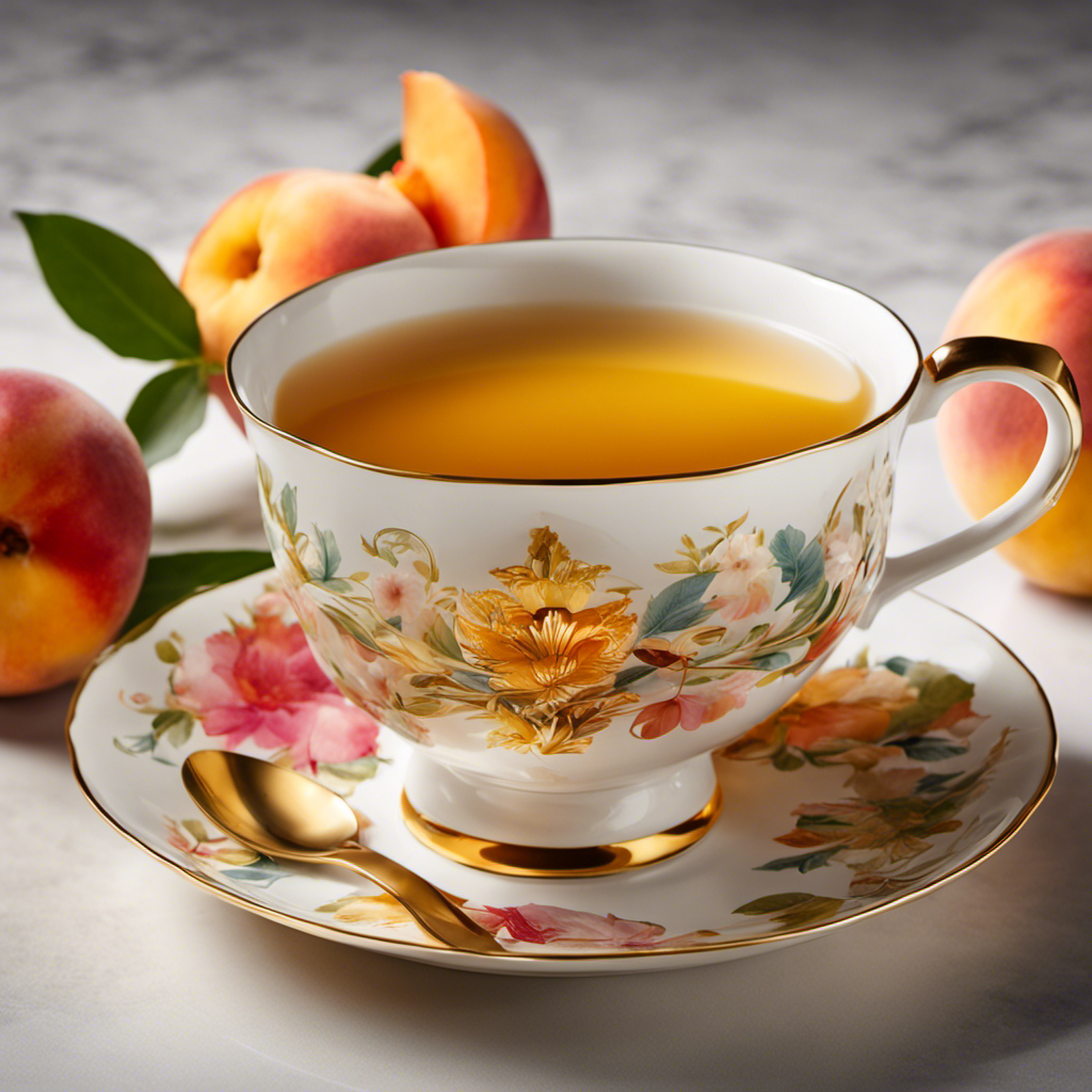 An image showcasing a vibrant teacup filled with steaming ginger peach turmeric tea, radiating golden hues