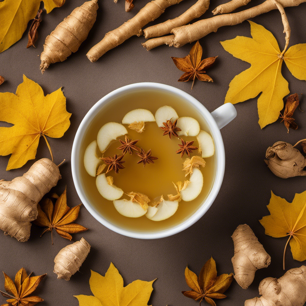 An image showcasing a steaming cup of ginger tea, with vibrant yellow turmeric roots and freshly sliced ginger floating in it