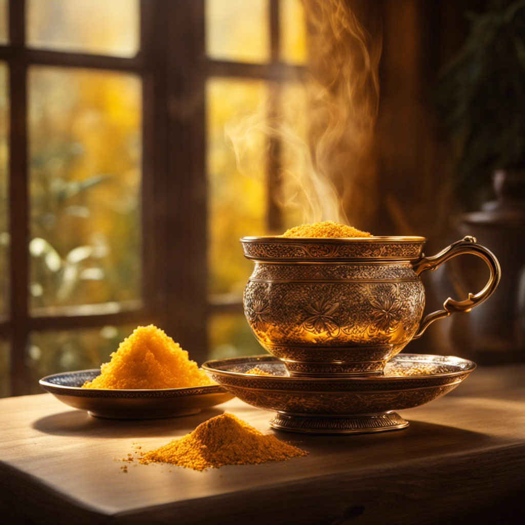 An image of a steaming cup of ginger tea in vibrant hues, with finely grated turmeric sprinkled on top