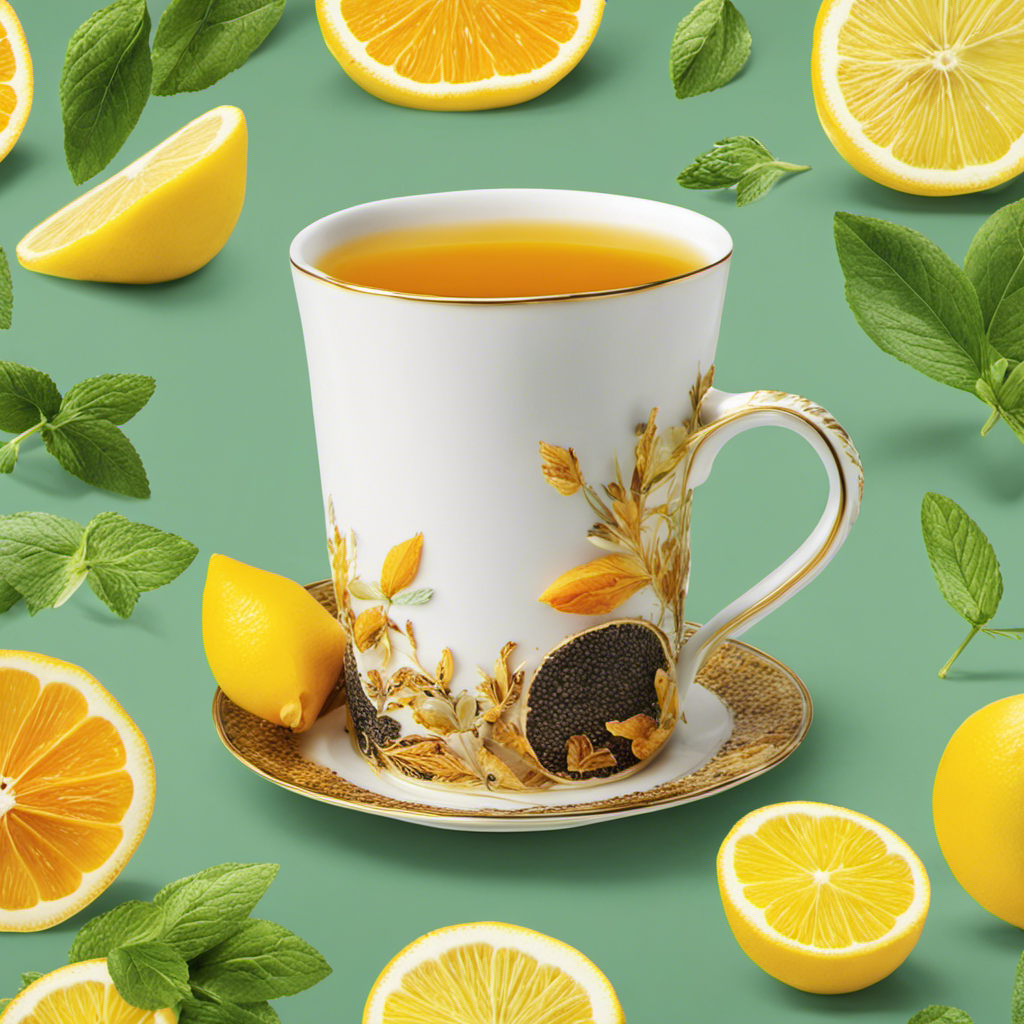 An image showcasing a vibrant, golden-hued tea mug, brimming with aromatic ginger, turmeric, and black pepper