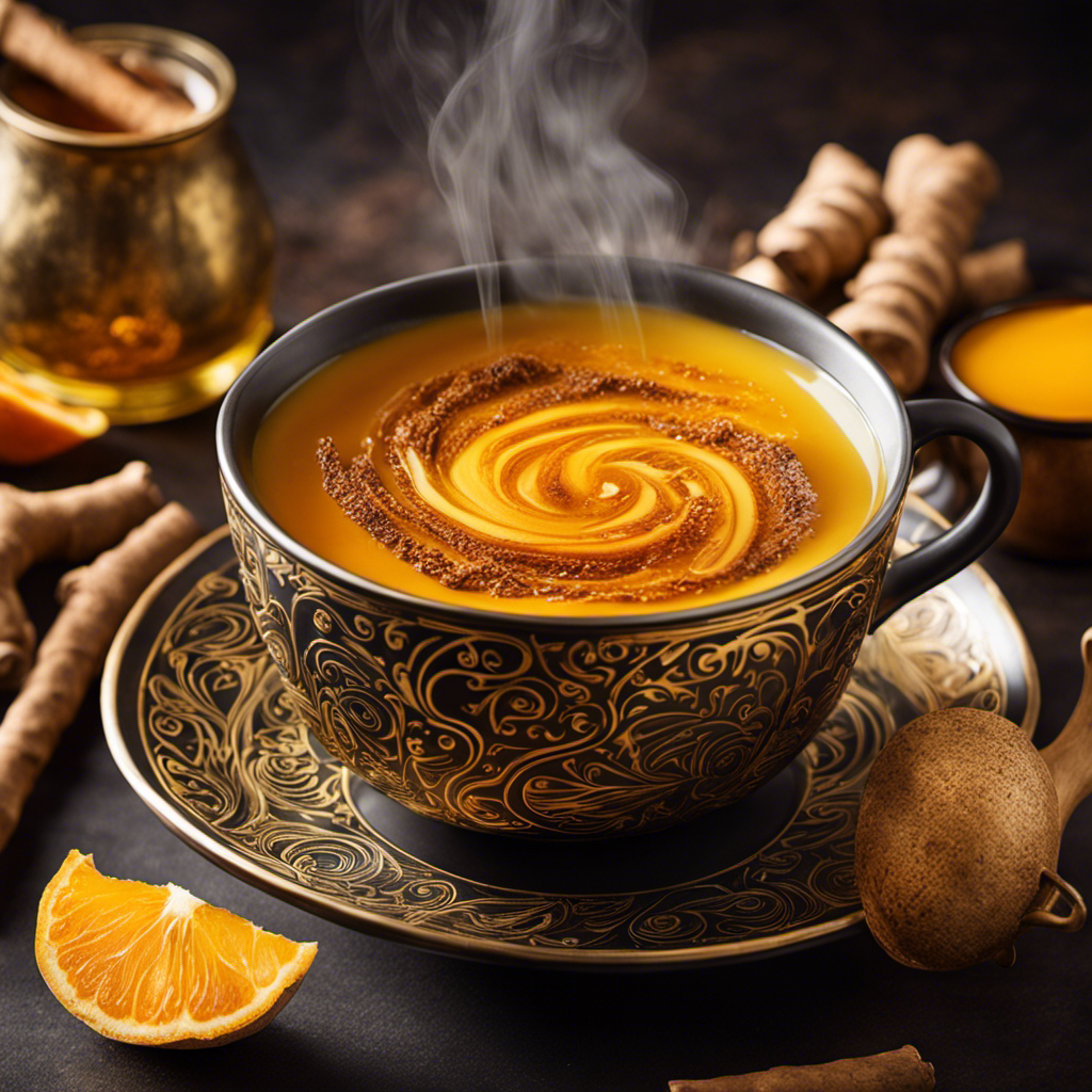 An image capturing a steaming mug of aromatic Ginger Turmeric Chai Tea: vibrant golden liquid swirls with hints of orange and amber, adorned with delicate wisps of steam rising, inviting warmth and comfort