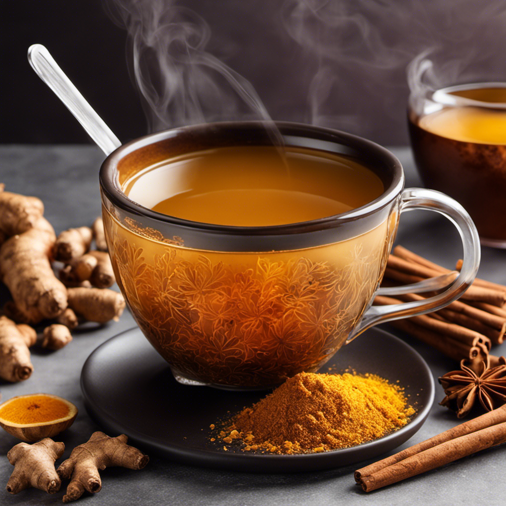 An image showcasing a warm, inviting mug filled with steaming golden Ginger Turmeric Cinnamon Tea, with delicate wisps of steam gently rising and a sprinkling of vibrant cinnamon on top