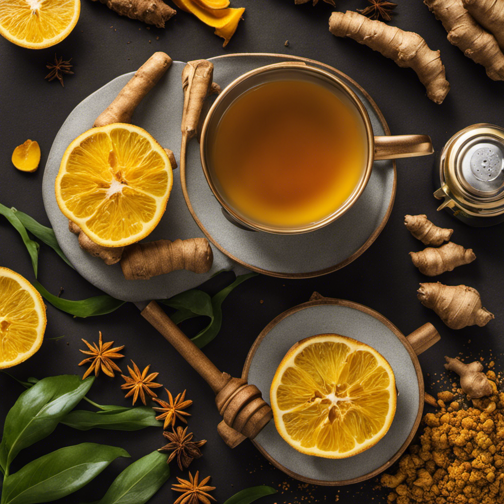 An image depicting a vibrant, steamy French press filled with a golden-hued Ginger Turmeric tea, adorned with floating slices of fresh ginger and colorful turmeric roots