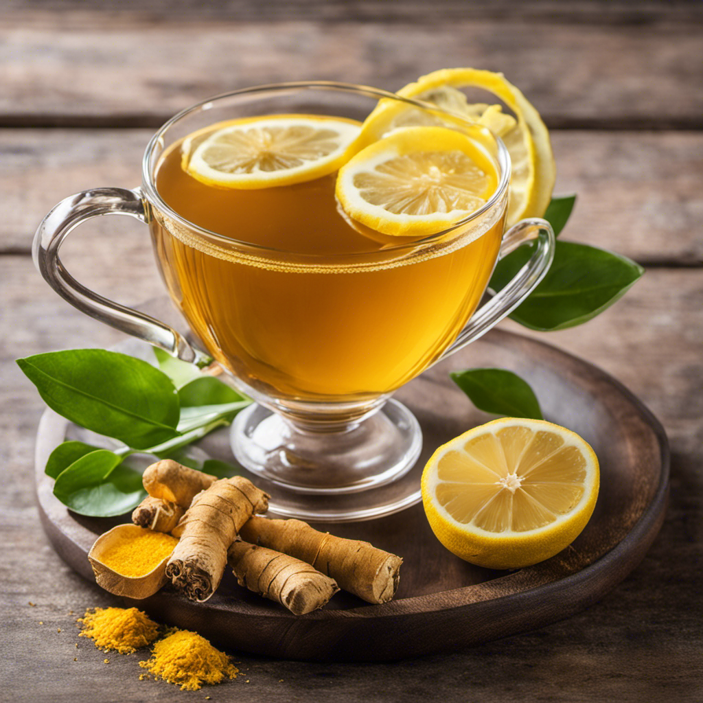 An image showcasing a steaming cup of golden Ginger Turmeric Lemon Tea, radiating warmth and comfort