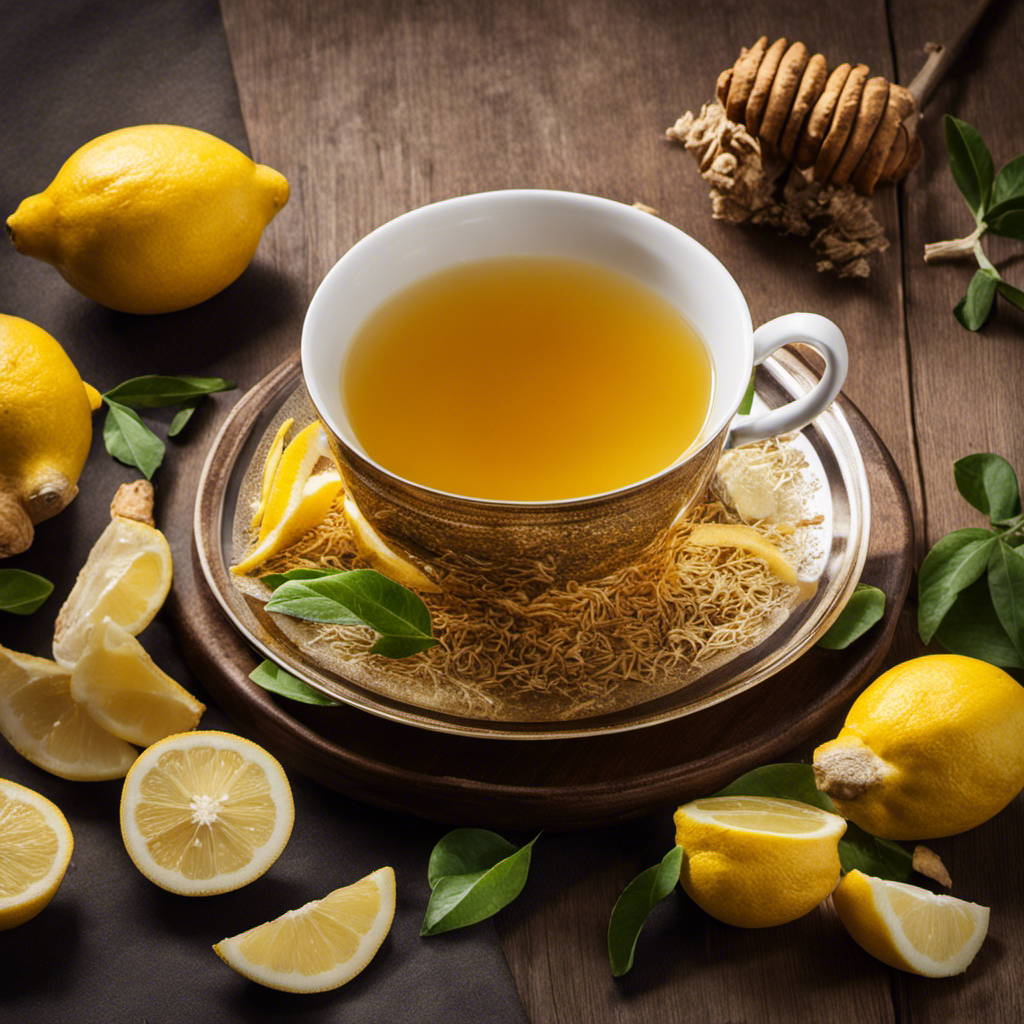 An image of a steaming cup filled with vibrant, golden Ginger Turmeric Lemon Tea, adorned with freshly sliced lemons and grated ginger