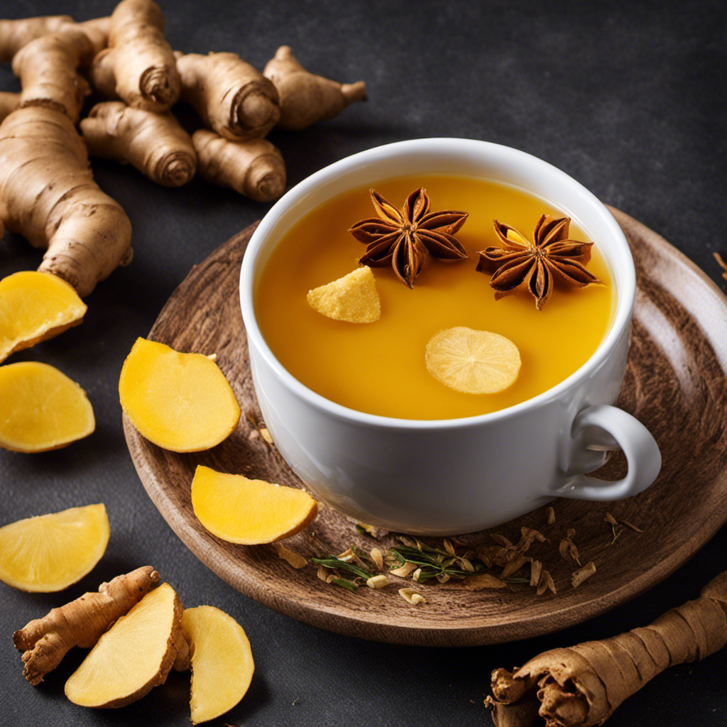 An image showcasing a steaming cup of vibrant golden Ginger Turmeric Root Pepper Tea, garnished with fresh slices of ginger and a sprinkle of turmeric, exuding warmth, health, and invigorating aroma