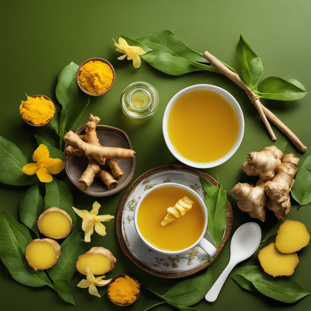 An image of a steaming cup of ginger turmeric tea, adorned with freshly sliced ginger, vibrant yellow turmeric powder, and a hint of honey, all against a backdrop of soothing green tea leaves