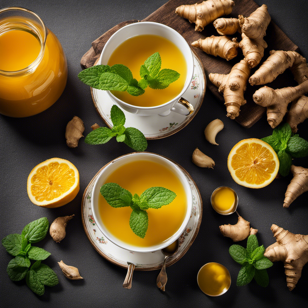 An image showcasing a steaming cup of vibrant golden ginger turmeric tea, surrounded by fresh ginger slices, turmeric roots, and a sprig of mint, evoking a soothing ambiance for a blog post on relieving headaches naturally