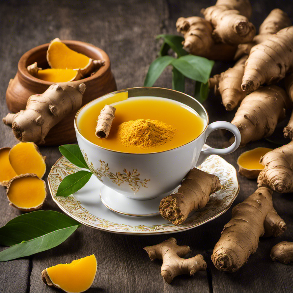 An image featuring a warm cup of ginger turmeric tea, steam rising delicately, surrounded by fresh ginger slices and vibrant turmeric roots; a comforting remedy for stomach ailments