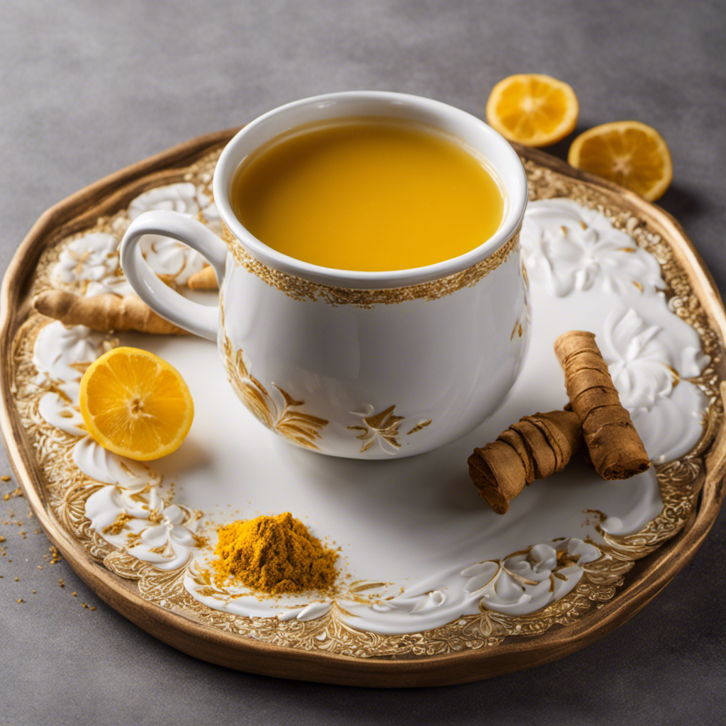 An image that showcases a steaming cup of vibrant ginger turmeric tea, served in a delicate porcelain mug