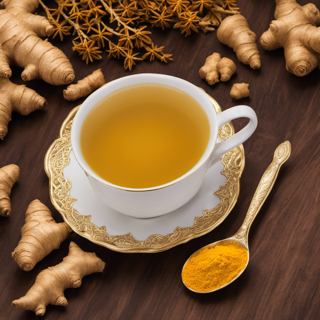 An image showcasing a steaming cup of vibrant, golden-hued ginger-turmeric tea
