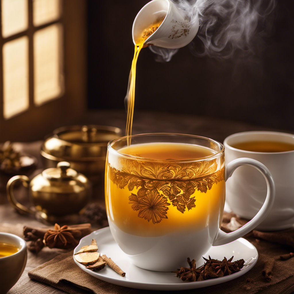 An image showcasing a steaming mug of golden Ginseng Ginger Turmeric Tea, infused with vibrant spices