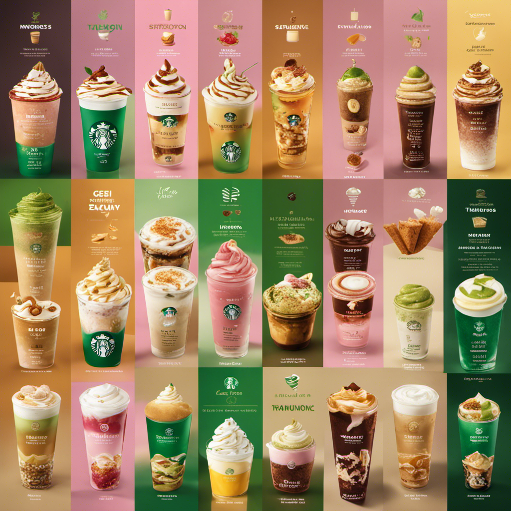 A vibrant image showcasing a montage of ten visually stunning Starbucks menu items from around the world: Matcha Sakura Blossom Latte, Hong Kong Milk Tea Frappuccino, Tiramisu Frappuccino, and more