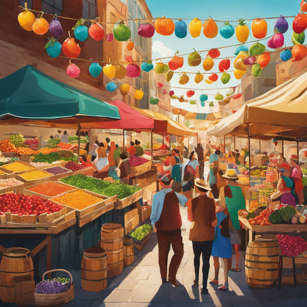 An image showcasing a vibrant farmers market with a row of stalls, each brimming with colorful bottles of Golda Kombucha Tea