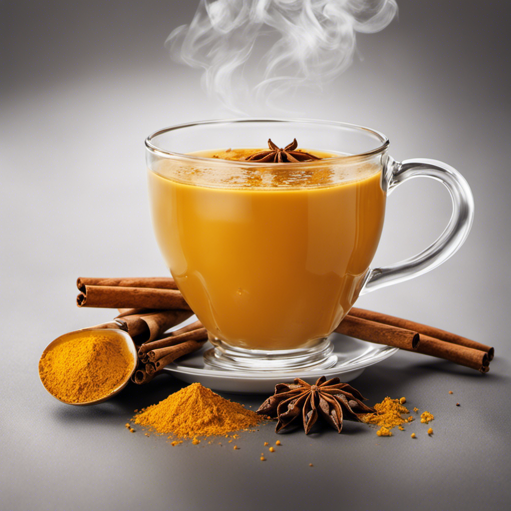 An image that showcases a vibrant golden turmeric chai tea in a clear glass mug, wisps of steam swirling above, with delicate spices and herbs, like cinnamon sticks and star anise, artfully arranged around it