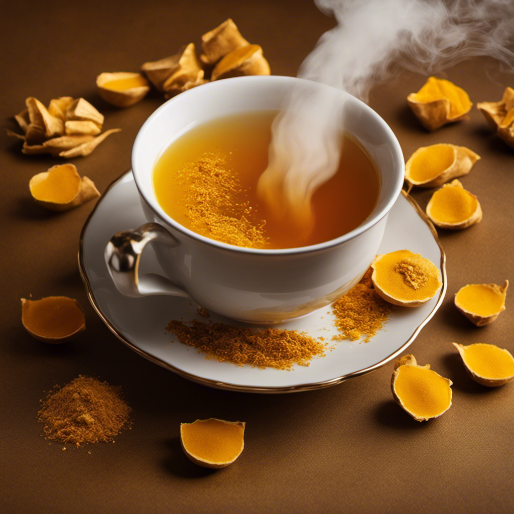 An image that showcases the vibrant hues of golden turmeric tea bags suspended in a steaming cup, radiating warmth and comfort
