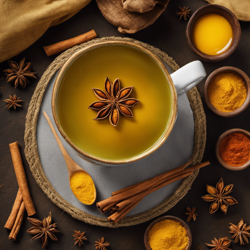 An image showcasing a cozy mug filled with vibrant golden turmeric tea, emanating warmth