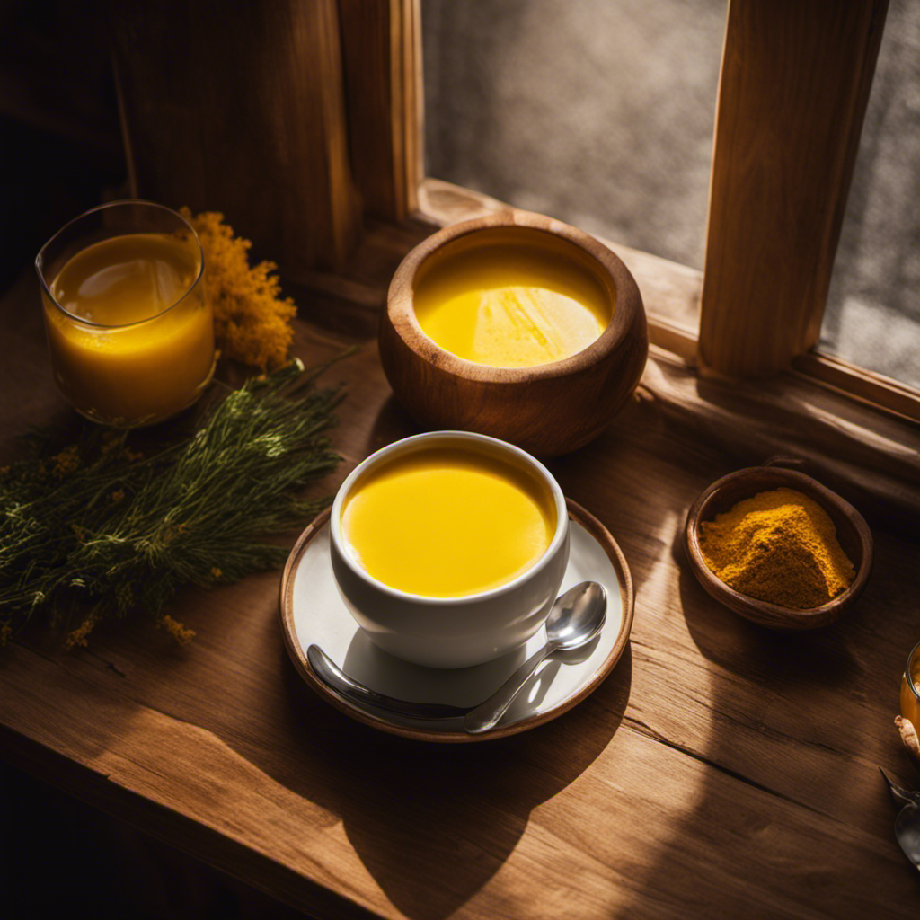 An image showcasing a warm, inviting scene: a cozy wooden table adorned with a vibrant yellow turmeric latte in a delicate, handcrafted ceramic mug