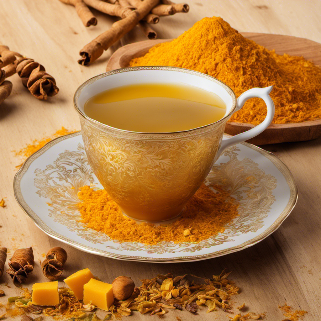 An image of a steaming cup of golden turmeric tisane tea, swirling with vibrant hues of yellow and orange